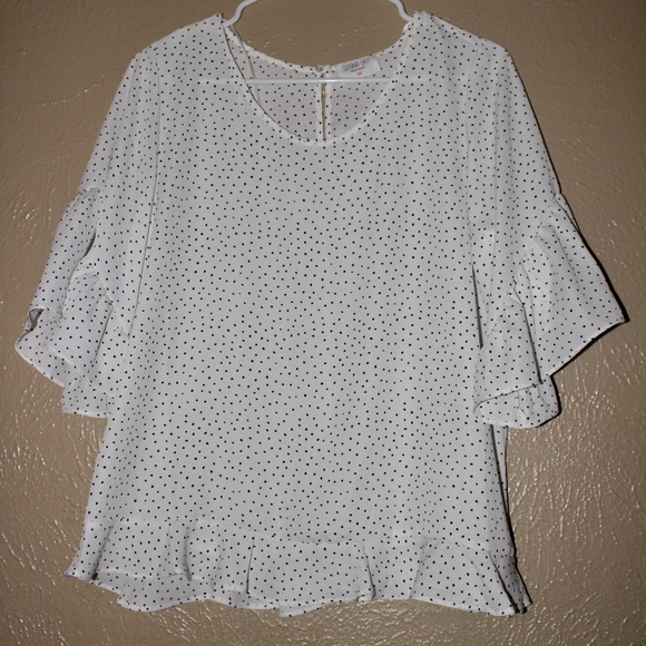 white & black polka dot ruffle top - Picture 3 of 3